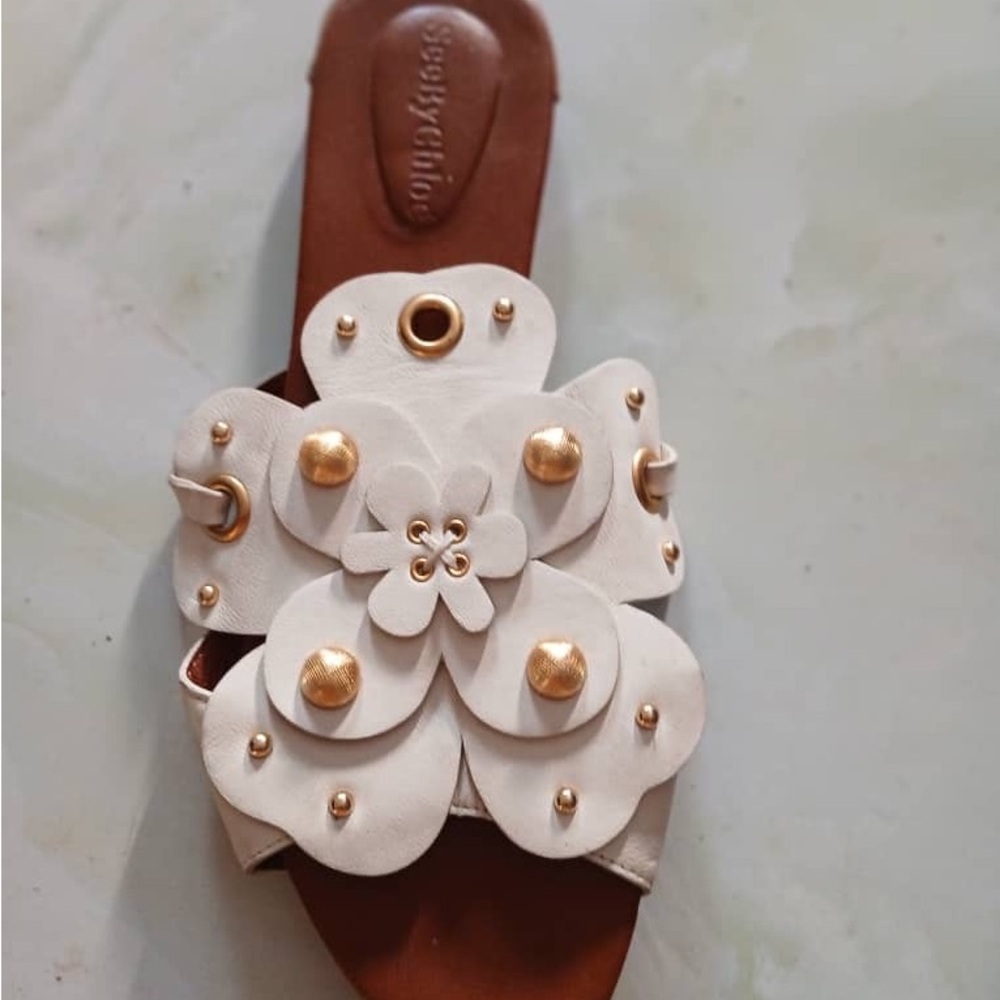 See By Chloe Cream Floral Applique Slide Sandal with Gold Studs